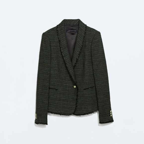 Zara Tweed Green Blazer Gold Accents - Picture 3 of 8